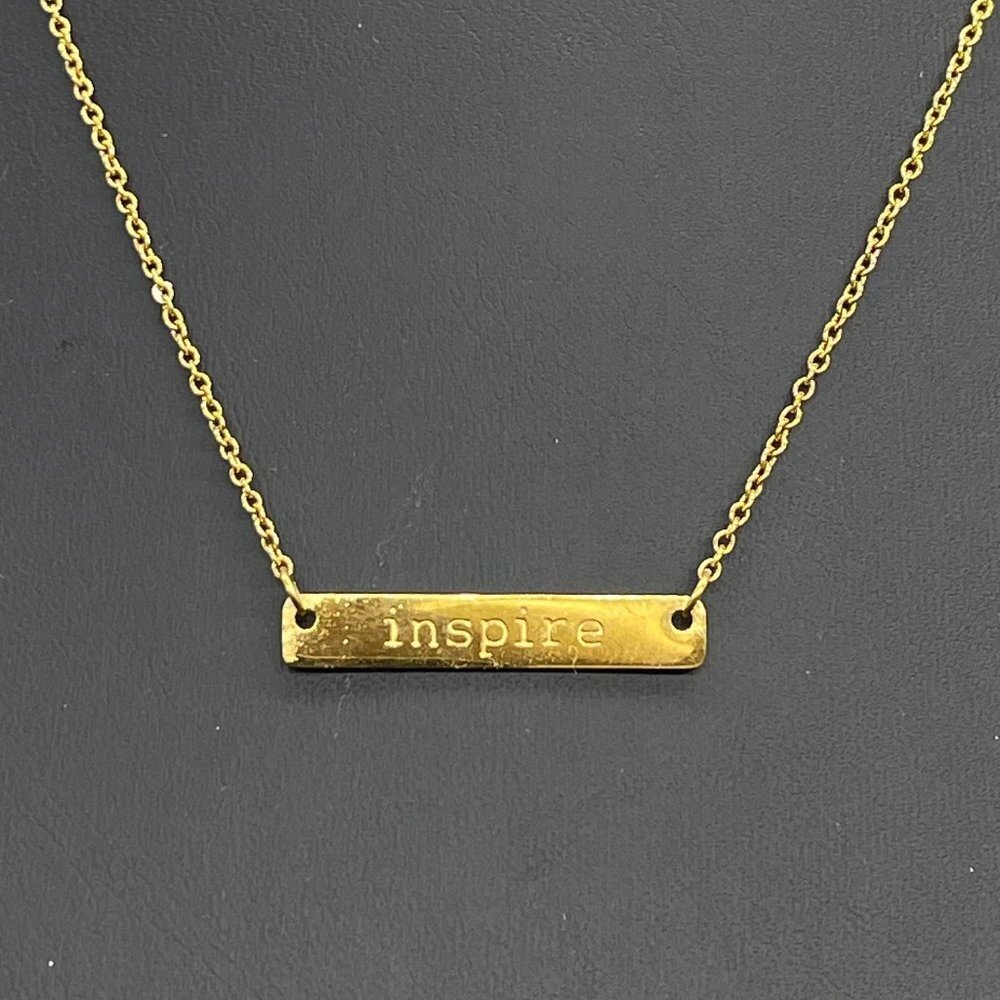 Jook and Nona Engraved Inspire Bar Pendant Chain Necklace 18 Inches Gold Tone